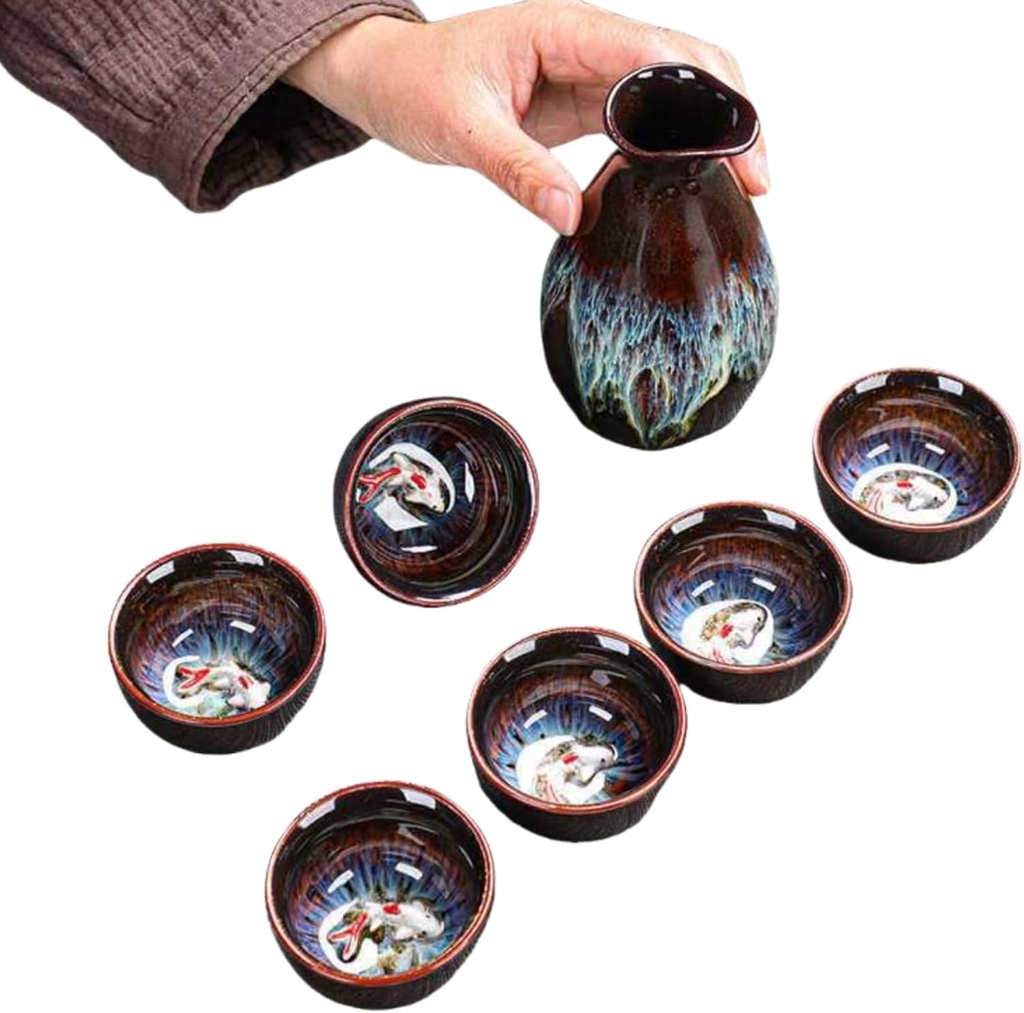 Sake Set for 7 Japanese Sake Cup Fish Pattern Special Japanese Gifts Set Traditional Japanese Hand Painted Design Porcelain Pottery Ceramic Cups Crafts Wine Glasses