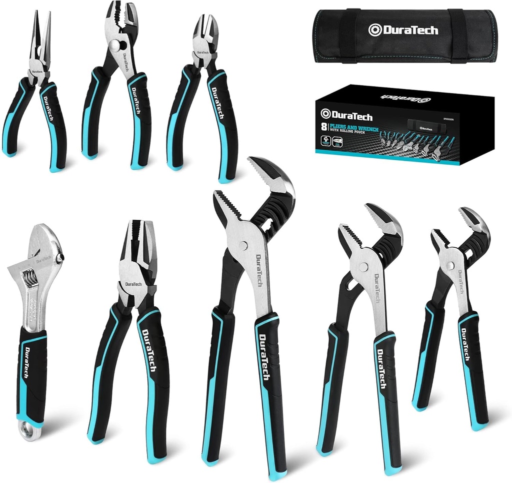 DURATECH 8-Piece Pliers Set with Rolling Pouch, Premium Cr-V/Cr-Ni Construction, (12", 10", 8" Groove Joint Pliers, 8" Adjustable Wrench, 8" Linesman, 6" Long Needle Nose, 6" Slip Joint, 6" Diagonal)