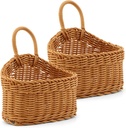 EKDJKK 2 Pcs Plastic Hanging Storage Baskets, Pantry Simulate Wicker Basket, Wall Mount Basket with Hook, Decorative Baskets for Organizing, Small Woven Baskets for Kitchen Bathroom(Brown)
