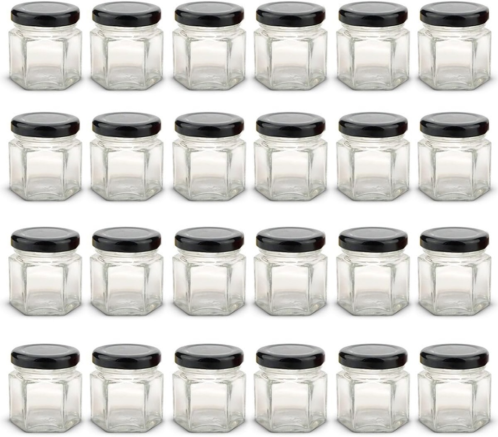 1.5 oz Hexagon Mini Glass Jars with BLACK Lids and Labels (Pack of 24)