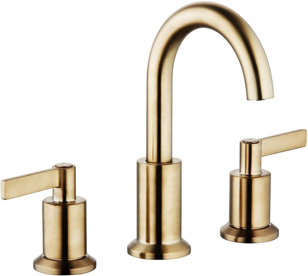 Modern Brushed Gold Two-Handle Deck-Mounted Bathroom Faucet, LFS-0188-CS, 8 Inch, 1.2 GPM Max at 60 psi, Brass, Pop Up Drain, Swivel Spout, 5.8 Inch Spout Height, 8.7 Inch Faucet Height