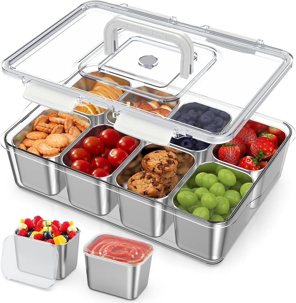 Snackle Box Container with 8 Removable Stainless Steel Containers – Clear Divided Serving Snack Tray with Lid & Handle – Leak-Proof for Wet/Dry Food – Perfect for Parties, Travel, Office