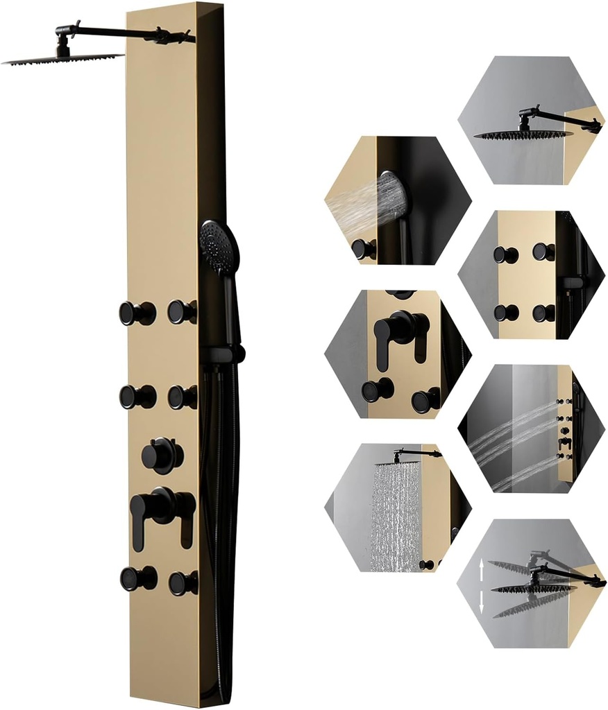 BWE Stainless Steel Modern Shower Panel Tower System 3-Function Faucet Rainfall Shower Head, Handheld Sprayer, Massage Body Jets, Polished Gold