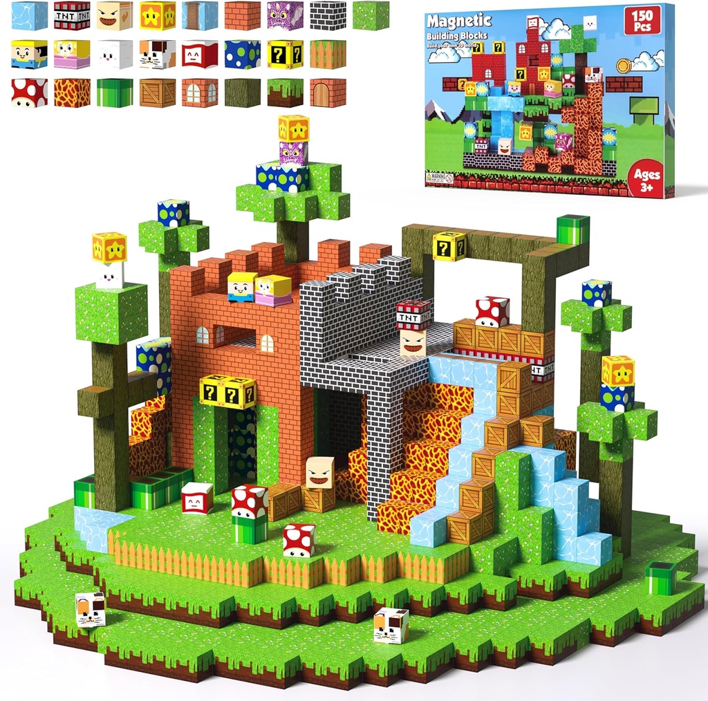Magnetic Blocks - 150 PCS Magnets Game-Based Building Block for Ages 3,4,5,6,7,8,9,10,11 Kids Birthday Toy Sets Present, Stacking Cubes Construction Gift for Toddlers Boys & Girls, 0.8in