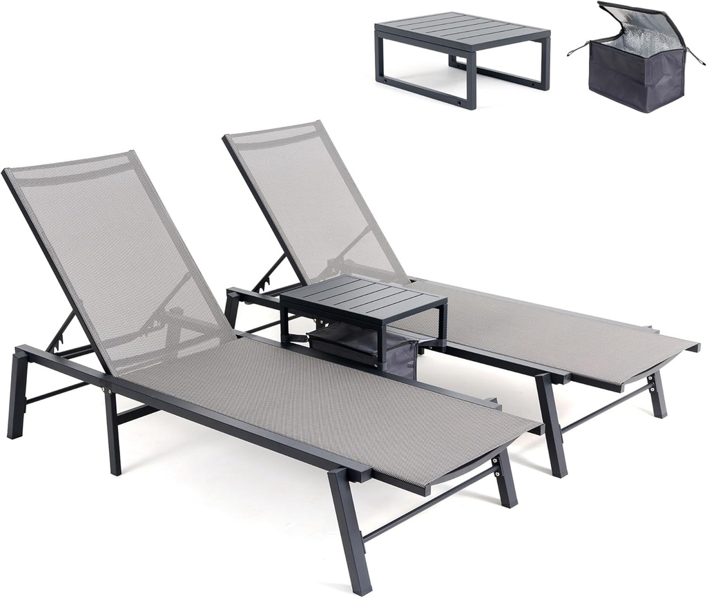 Brafab Outdoor Lounge Chair Set - 3 Pieces Aluminum Patio Chaise Chairs Set, Pool Loungers with Side Table & Insulated Cooler Bag, Adjustable Backrest Beach Chair for Poolside Garden Lawn Deck, Grey