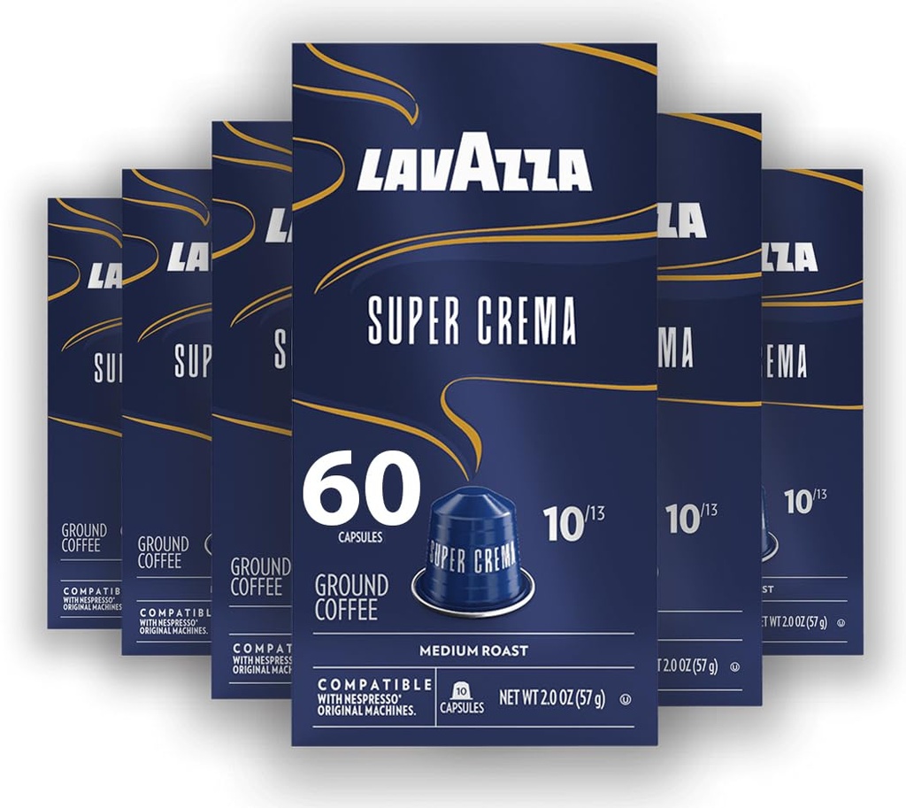 Lavazza Super Crema Aluminum Capsules Compatible with Nespresso* Original Machines, Medium Roast, Arabica and Robusta Blend (60 Capsules)