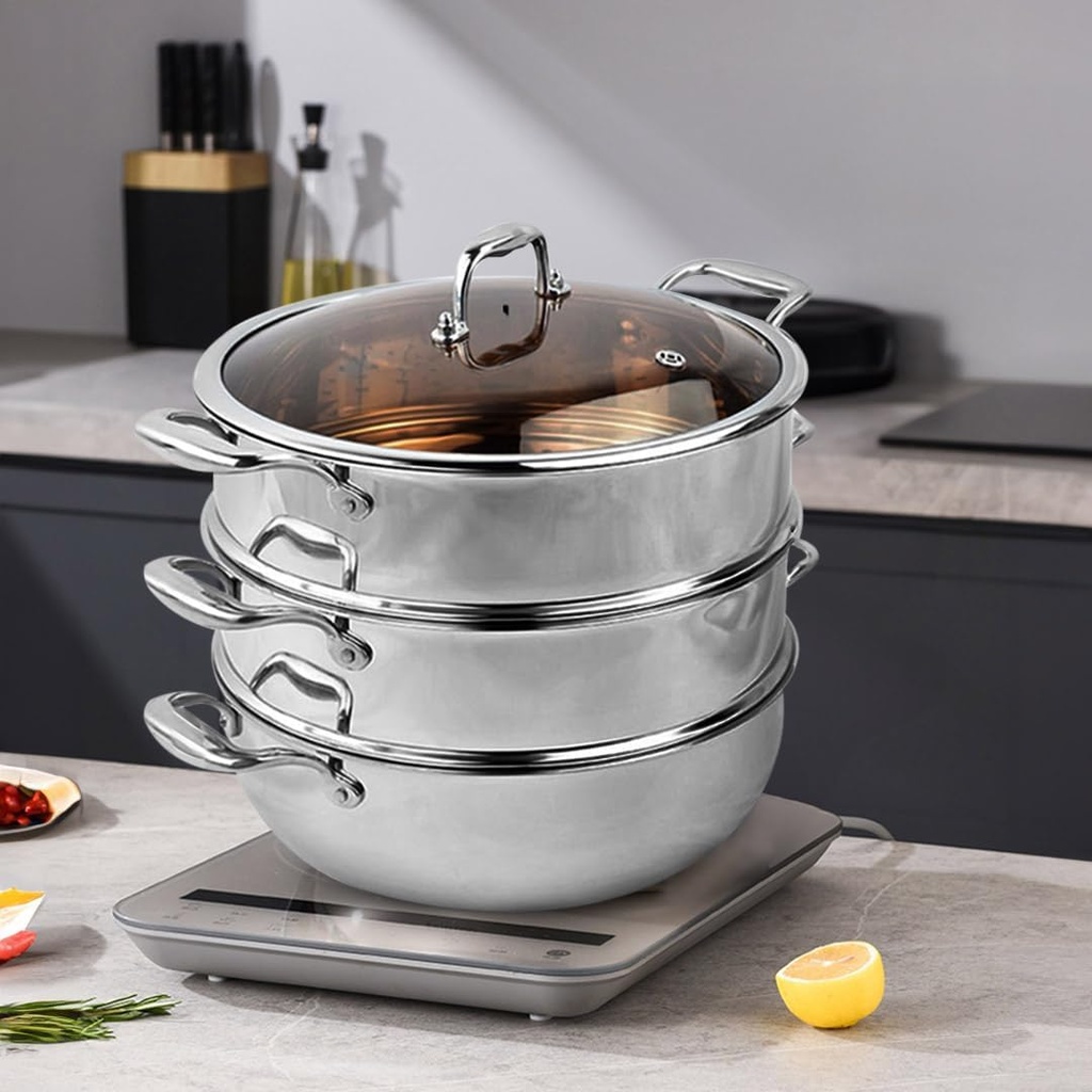 SOGA 3-Tier 32cm Heavy-Duty Stainless Steel Food Steamer – Stackable Vegetable and Seafood Steaming Pots with Glass Lid for Healthy Cooking
