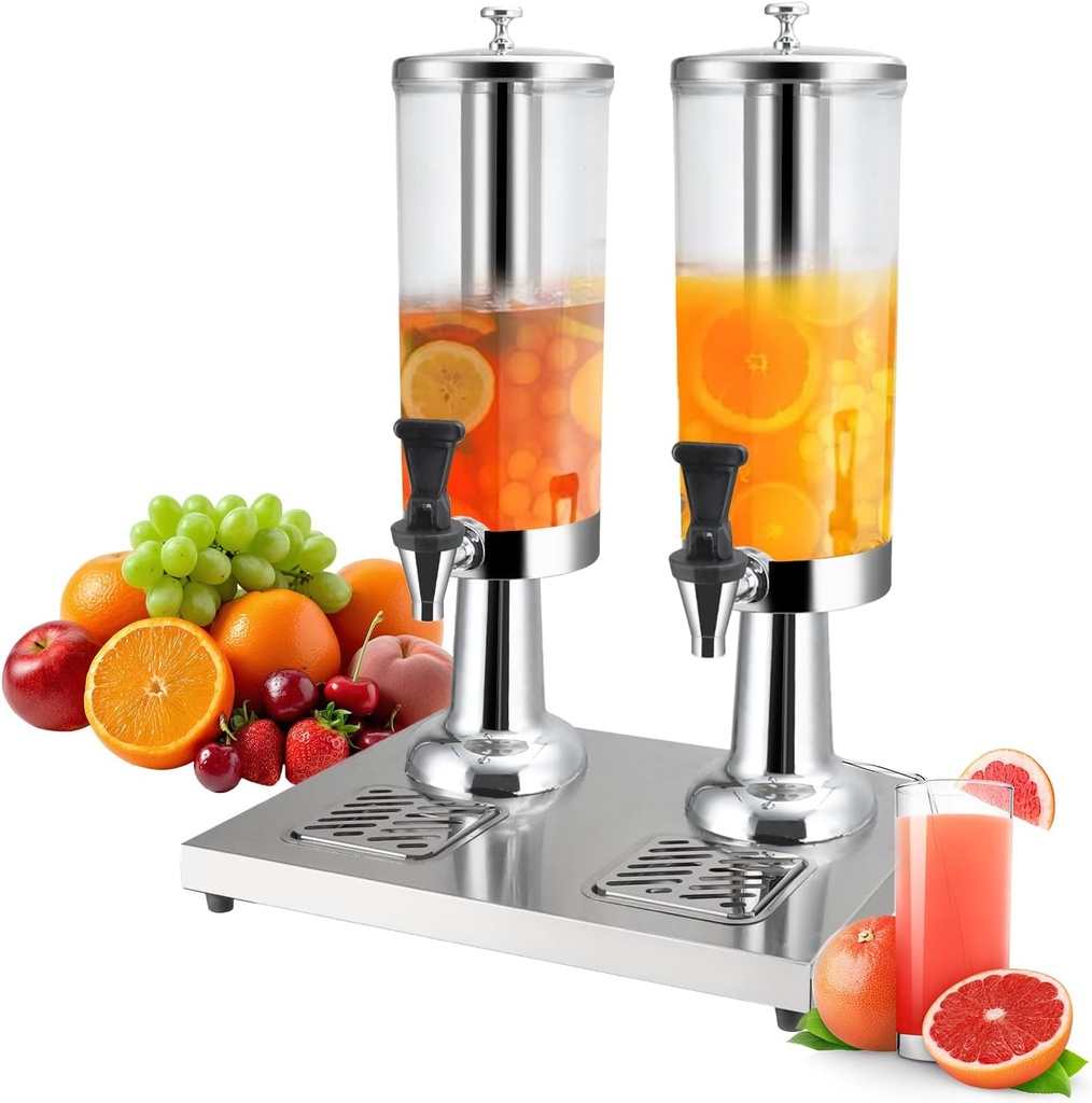 1 Gallon Commercial Beverage Dispenser with Centre Ice Core and Stand Drip Trays Stainless Steel Cold Drink Dispenser for Parties Pub Cafeteria Restaurant Home Hotel (silver, double head)