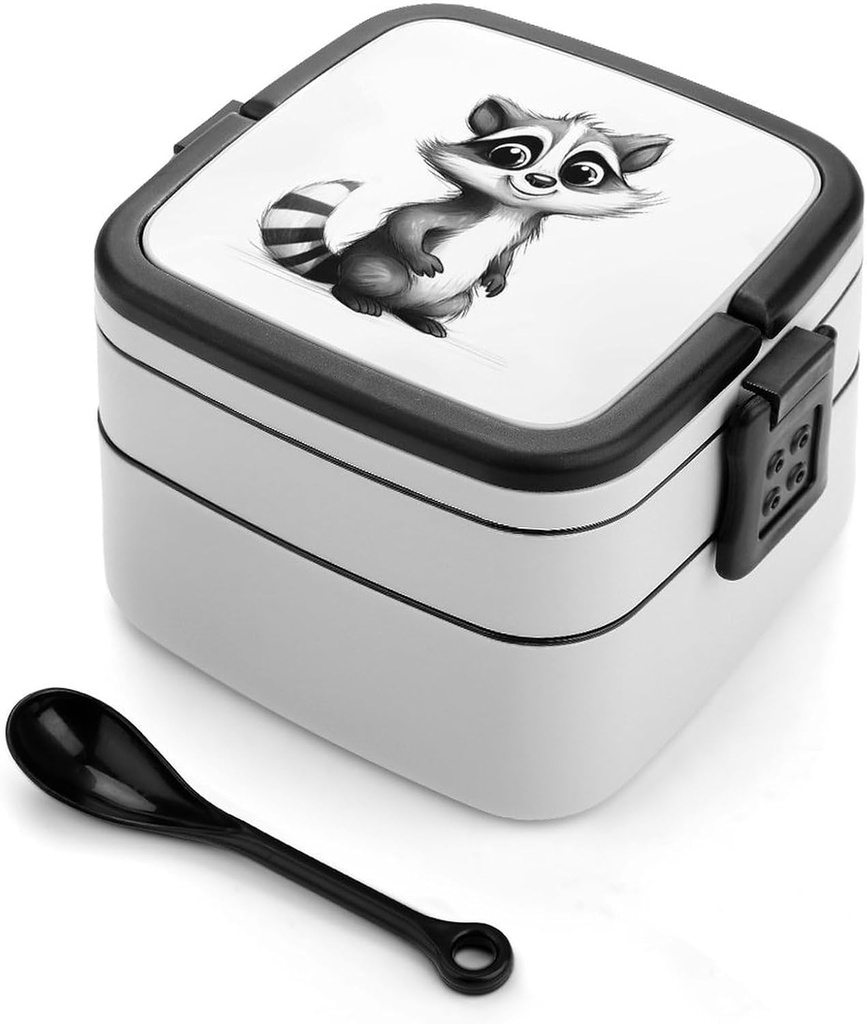 Bento Lunch Box for Women Lunch Containers for Adults Raccoon Painting Double Layered Lunchbox Large Capacity Bento Box with Cutlery for Work Picnic Camping Travel