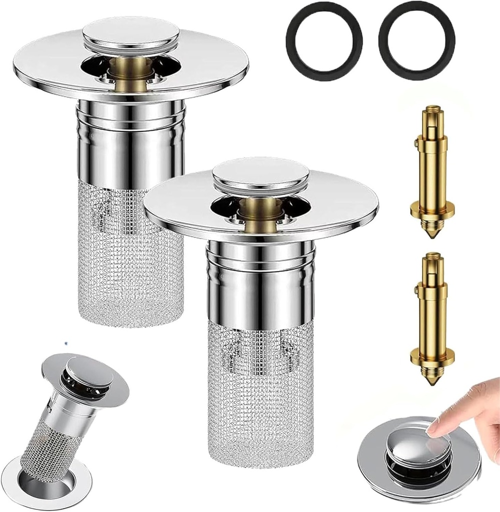 Stainless Steel Floor Drain Filter, Pop up Bathroom Sink Drain Strainer with Removable, Bathroom Sink Stopper Hair Catcher, Shower Drain Plug Filter for Us Bathroom,Bathtubs (2PCS)