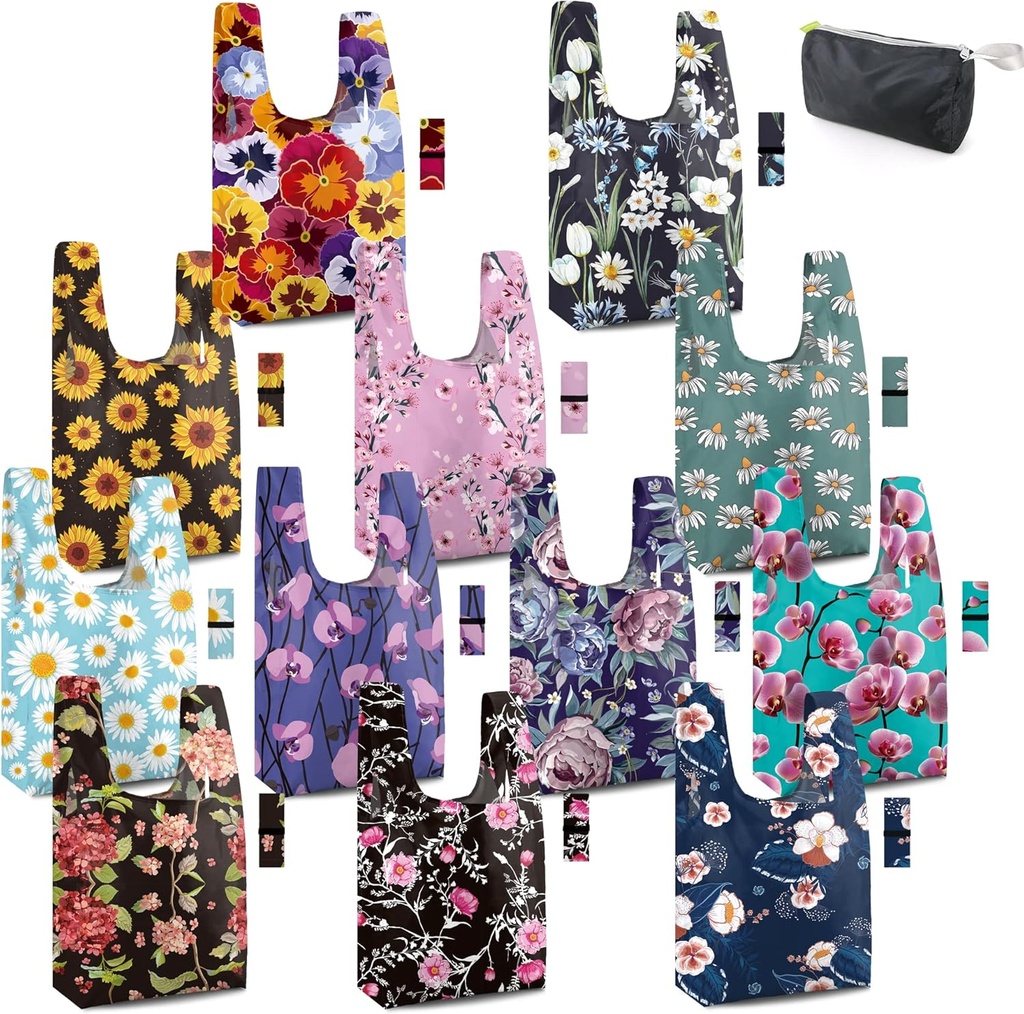 BeeGreen Large Flower Tote Bag - 12 Pack Heavy Duty Reusable Grocery Bags and Foldable Shopping Bags for Groceries, Cute Travel Reusable Gifts,Lightweight Washable Cloth Bag With Handles for Women​