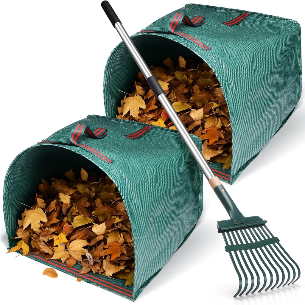 Leaf Rake with 2 Pack 40 Gallon Dustpan Type Yard Waste Bag, 30"-56" Adjustable 11 Tines Metal Garden Yard Rake with Leaf Bags for Gardening Lawns Outdoor Camping Grass Bush