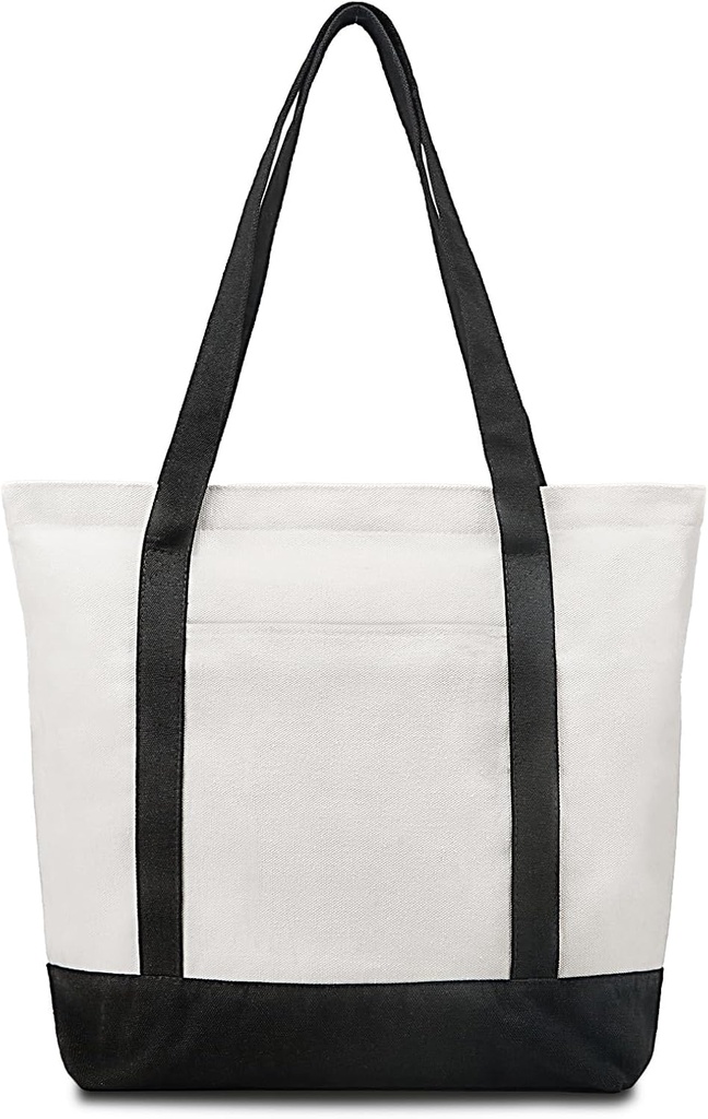 Canvas Tote Bag with Zipper and Zip Pockets Thick Canvas Durable Reusable Grocery Shopping Beach Bag Large Capacity Washable Shoulder Bag for Women Black White