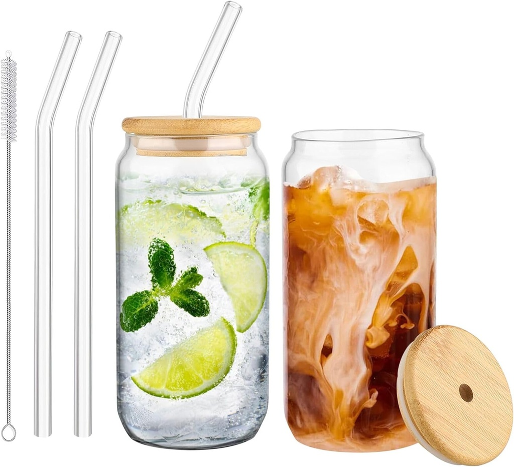 2 Pack Glass Cups with Lids and Straws 500ML Ice Coffee Cup Drinking Glasses Tumbler Glassware with Brush for Beer Soda Cocktails
