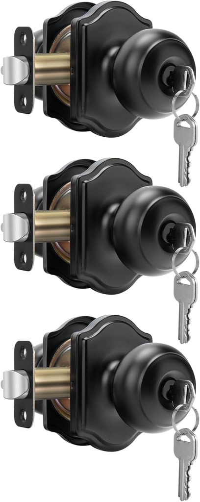 goldenwarm Black Door Knobs with Lock, Exterior Door Knob with Lock and Key, Front Door Knob Keyed Alike 3 Pack