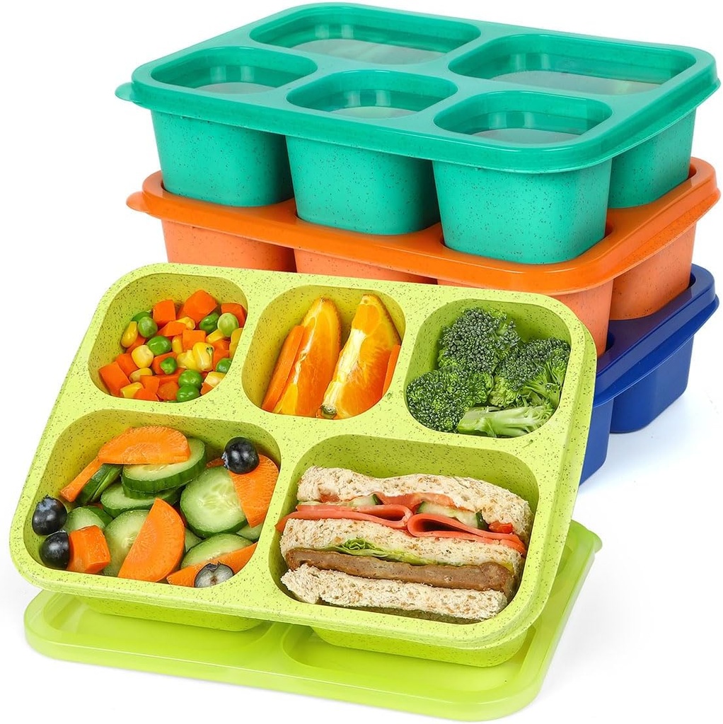 Caperci 4 Pack Bento Snack Box Containers for Adults & Kids - Reusable Adult Lunchable Containers with 5 Compartments for School, Work, and Travel, Wheat Straw, BPA-Free (Jewel Brights)