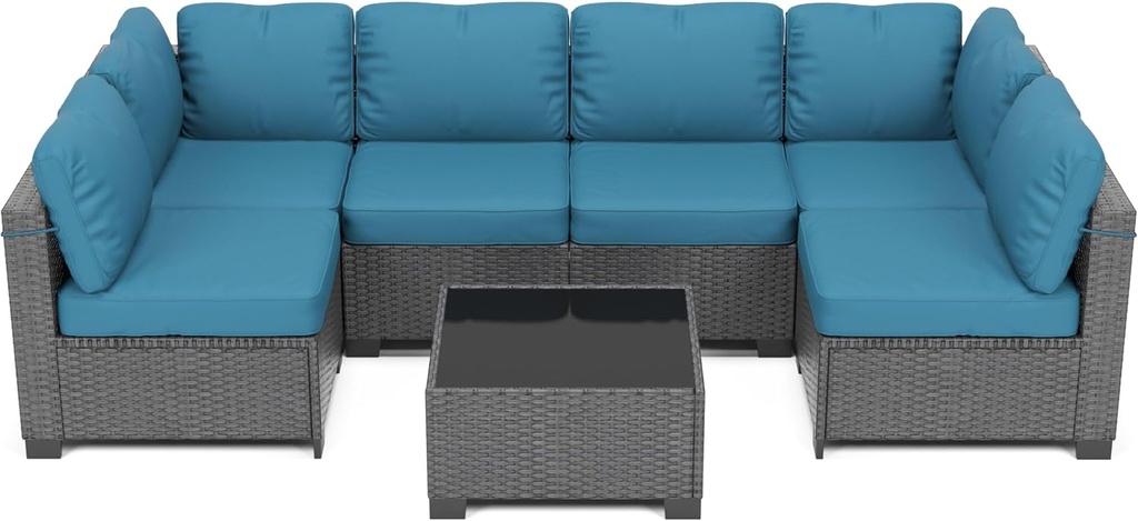 7 Piece Outdoor Patio Furniture Set, PE Rattan Conversation Sofa Set, Wicker Patio Set w/Thick Cushions & Glass Top Coffee Table, All-Weather Outside Furniture for Garden, Balcony, Porch(Dark Curry)