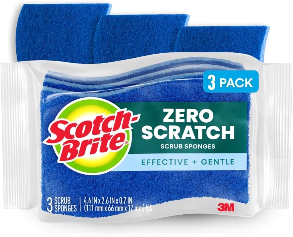 Scotch-Brite Zero Scratch Scrub Sponge, 3 Kitchen Sponges for Cleaning Around the Home, Bathroom & More, Effective + Gentle Dish Scrubber, Best for Nonstick Pots and Pans, Safe on Most Surfaces