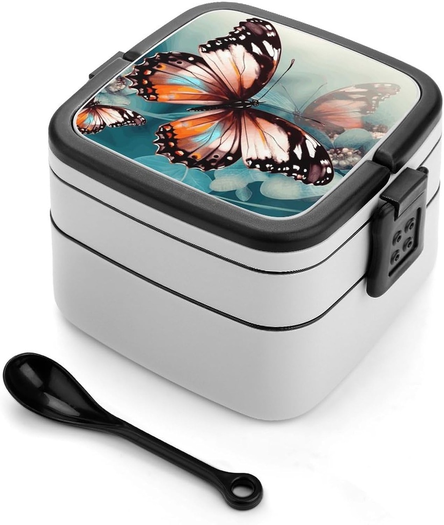 Adult Double-Layer Bento Box Beautiful Butterfly Portable Lunch Box with Spoon And Invisible Handle Leakproof Microwave-Safe Food Container for Work Travel Camping