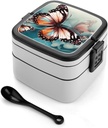 Adult Double-Layer Bento Box Beautiful Butterfly Portable Lunch Box with Spoon And Invisible Handle Leakproof Microwave-Safe Food Container for Work Travel Camping