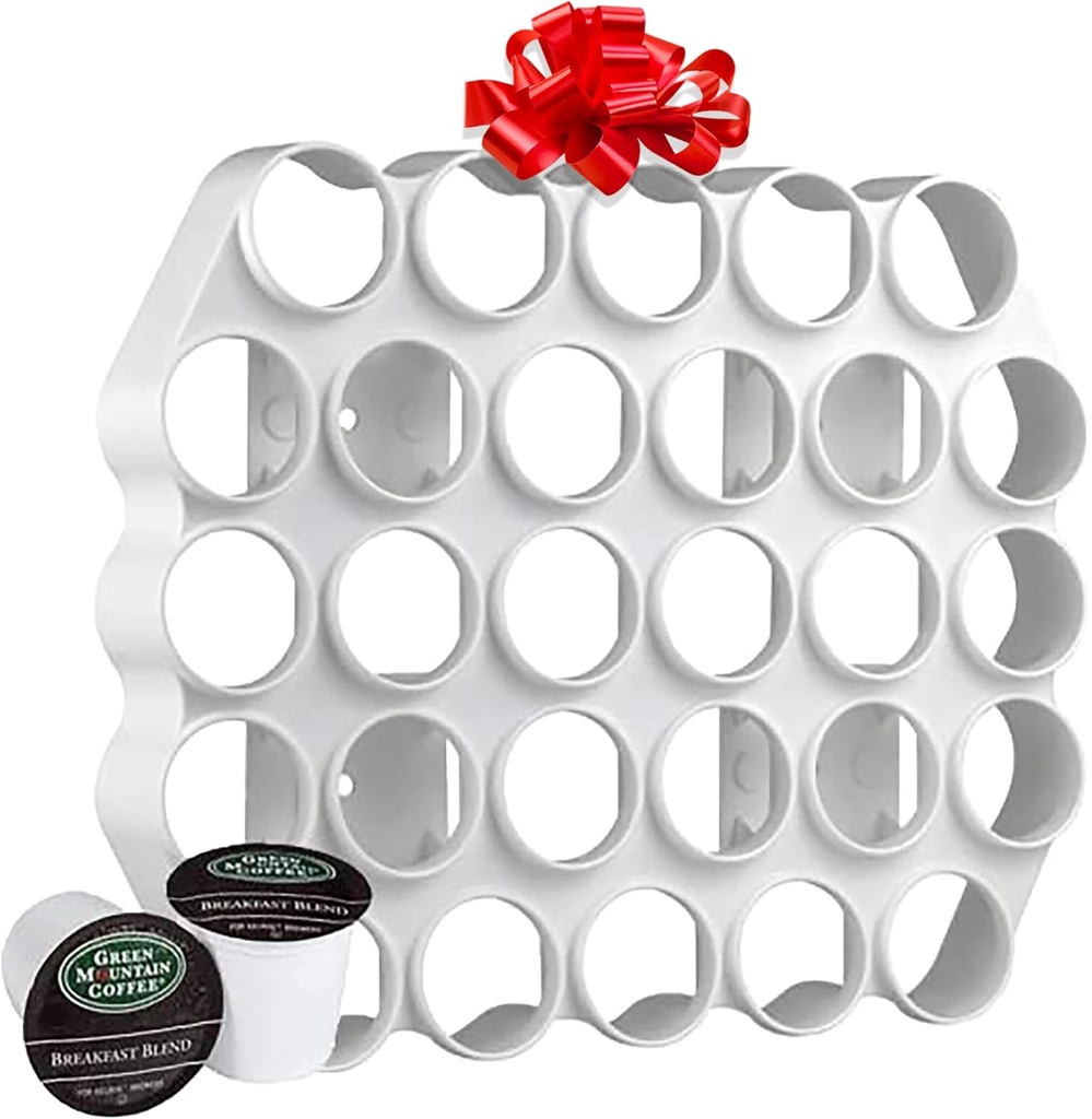 Storage Theory K Cup Holder Wall Mount - K Pod Holder with Peel-and-Stick Installation for 28 K Pods - Tea and Coffee Organizer for Pods - Cafe Wall Caddy K Cup Display White