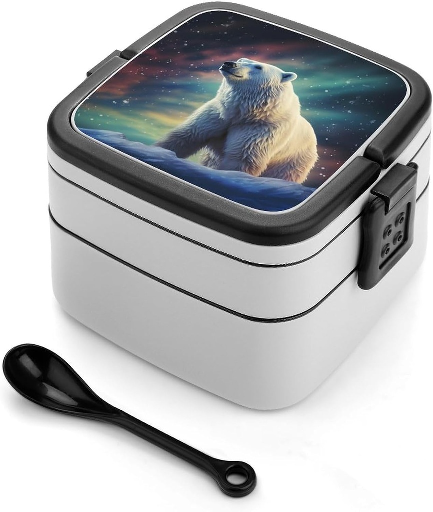All-in-One Bento Box Stackable Leak-Proof Lunch Box With Carry Handle 2 Layer Portable Meal Prep Container Northern Lights Polar Bear Lunchbox with Utensils for Dining Out Work