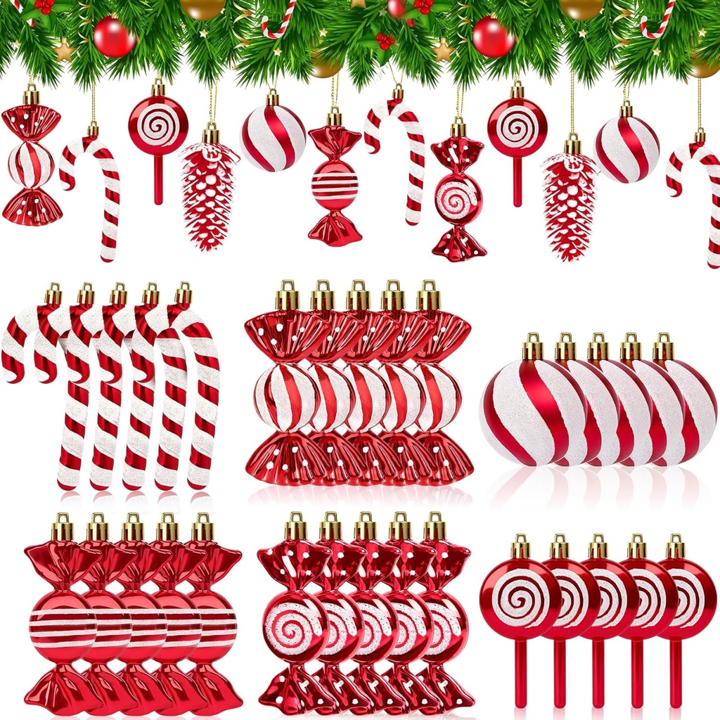 36Pcs Candy Cane Christmas Decorations Set, Shatterproof Ball Lollipop Peppermint Party
