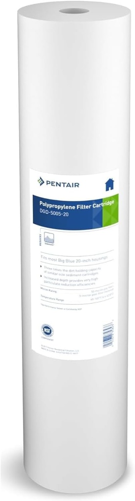 Pentair Pentek DGD-5005-20 Big Blue Water Filter, 20-Inch Whole House Sediment Filter Cartridge Replacement, Dual-Gradient Density Spun Polypropylene, 20" x 4.5", 5 Micron, Pack of 1, White