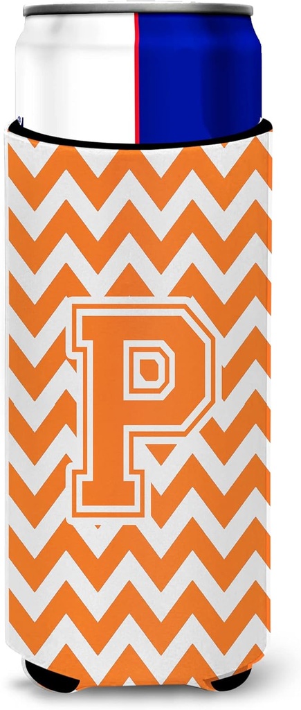 Letter P Chevron Orange and White Ultra Beverage Insulators for slim cans