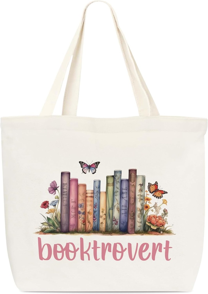 Canvas Tote Bag, Book Tote, Reusable Grocery Shopping Bag, Library Shoulder Bag, Medium, Butterfly Design, Women's Gift