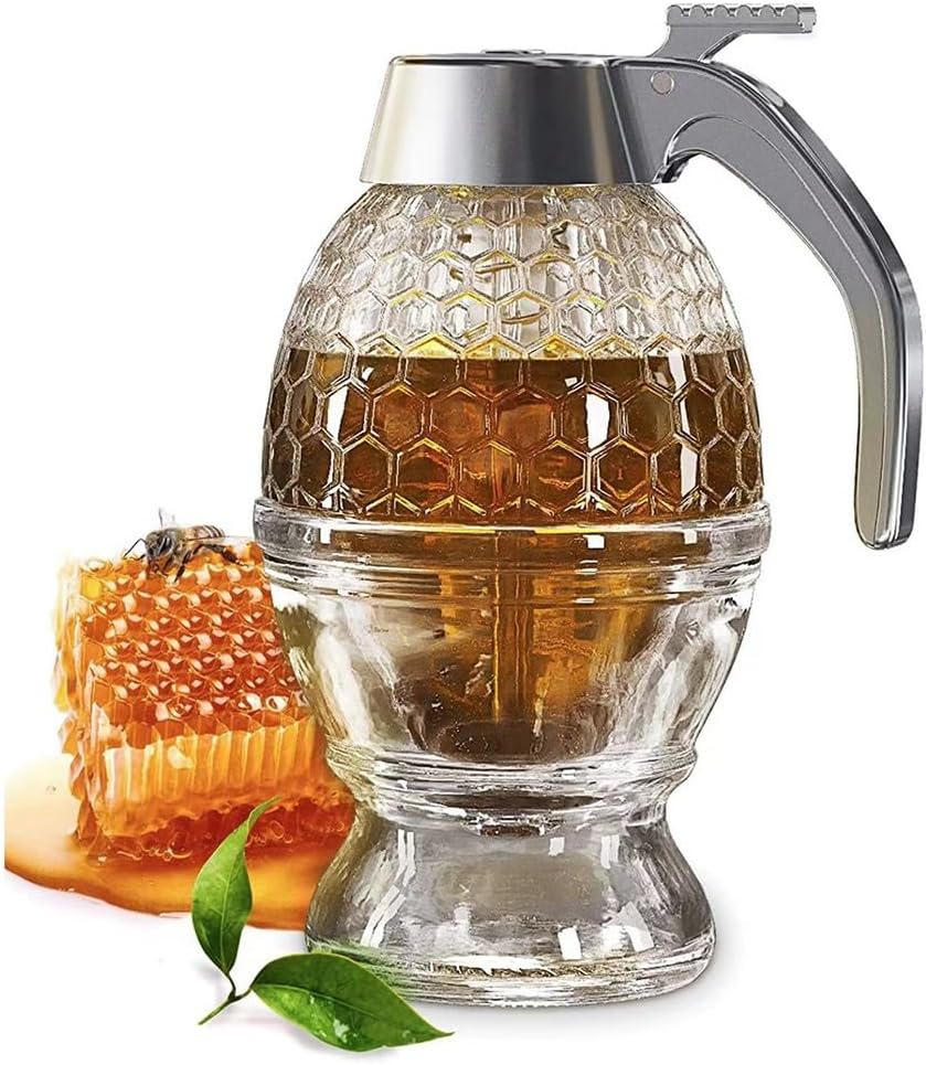 Honey Dispenser No Drip Glass Maple Syrup Dispenser Glass Beautiful Honey Comb Shaped Honey Pot Container With Stand