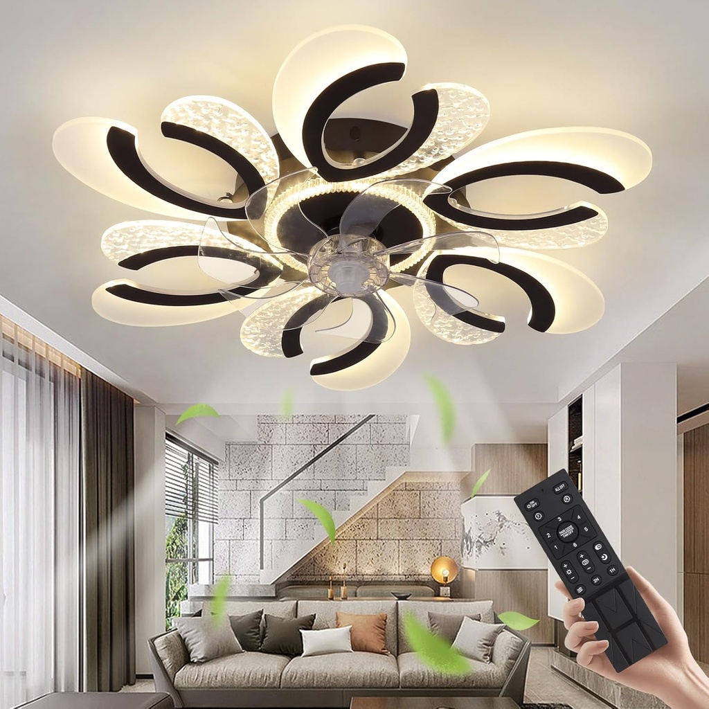 Modern Ceiling Fan with Lights, 26 Inch Flush Mount Ceiling Fan with Remote and APP Control Dimmable Reversible,Black Low Profile Ceiling Fan for Bedroon Living Room Kitchen