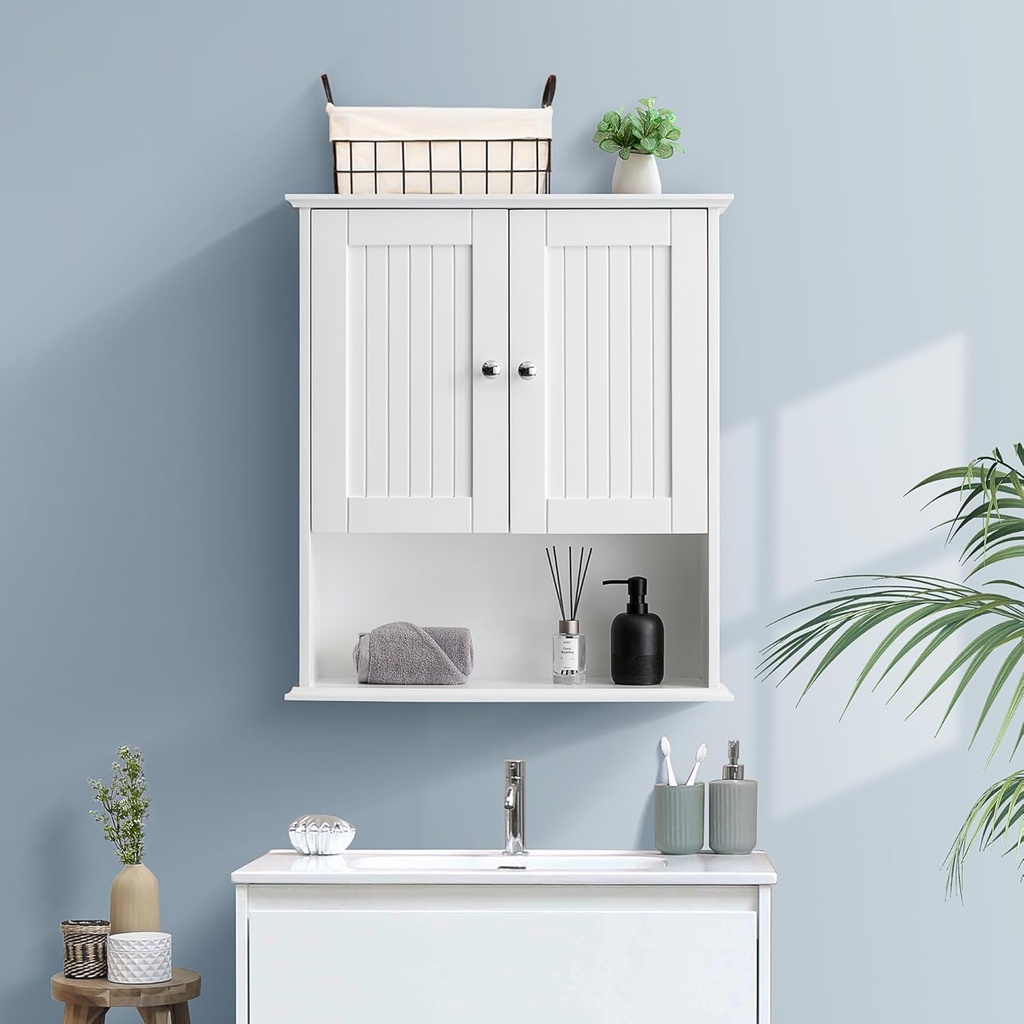 Bathroom Wall Cabinet Over The Toilet Storage Cabinet 2 Doors Wall Mounted Wood Medicine Cabinet with Adjustable Shelves for Bathroom, Kitchen, Living Room, Entryway (White)