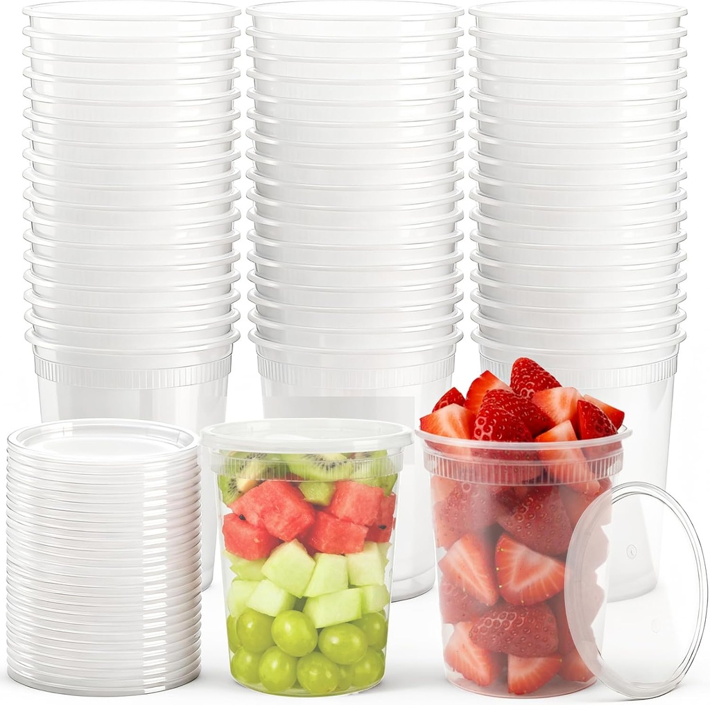 Lawei Set of 50 Plastic Deli Food Containers with Lids - 32 Oz Food Storage Containers Freezer Deli Cups for Soup, Party Supplies, Meal Prep and Portion Control