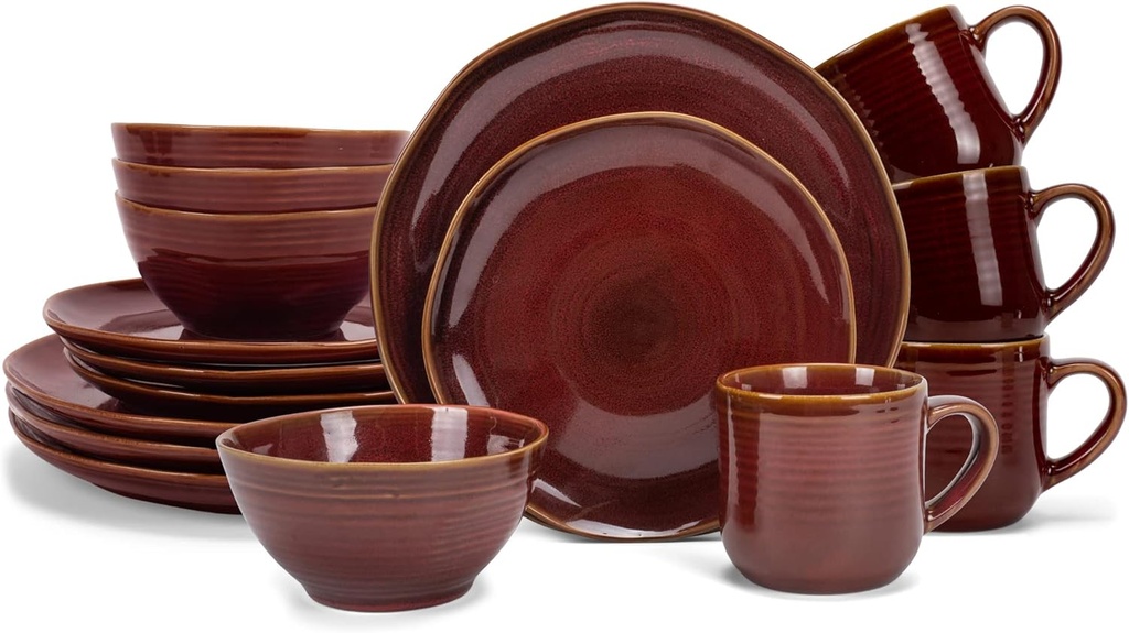 Elanze Designs Reactive Glaze Farmhouse Rustic Boho Ceramic Stoneware Dinnerware 16 Piece Plate Bowl Mug Dish Set - Service for 4, Burnt Auburn Red