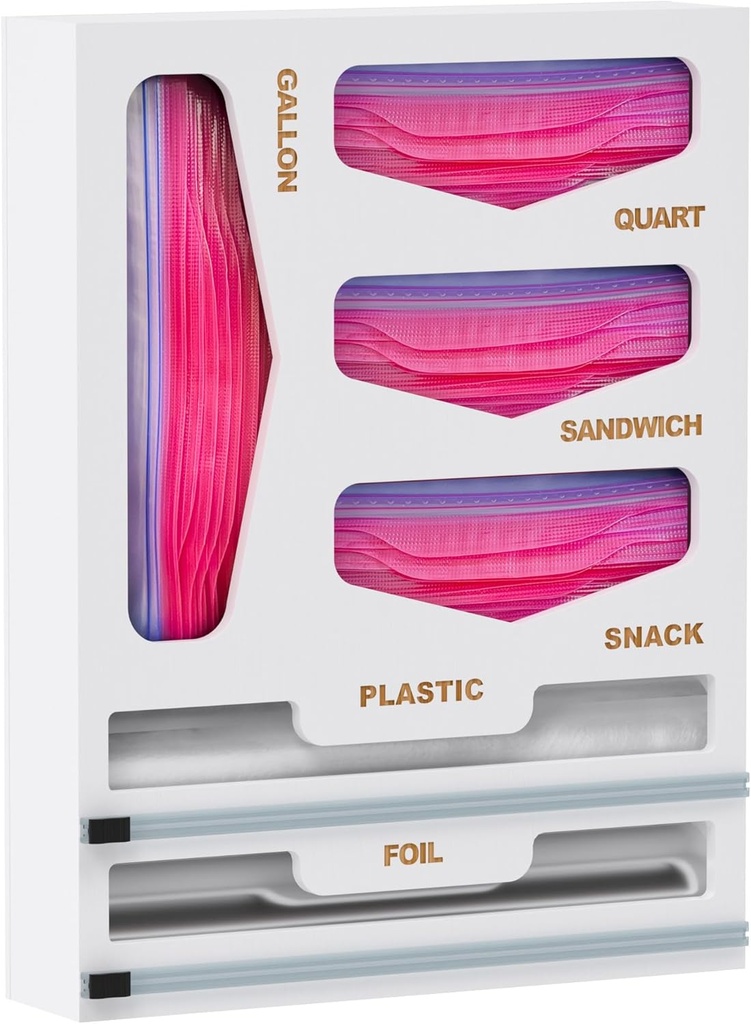 DALSHABET Bamboo Bag Organizer with Magnetic Closure, 6 In 1 Kitchen Drawer Foil and Plastic Wrap Dispenser with Cutter, Storage bag for Gallon, Quart, Sandwich, Snack White