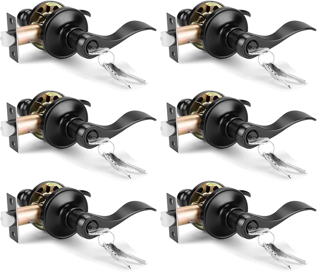 Gobrico Keyed Alike Front Entry Door Levers in Matte Black, Exterior/Interior Door Locksets with Same Key, 6Pack