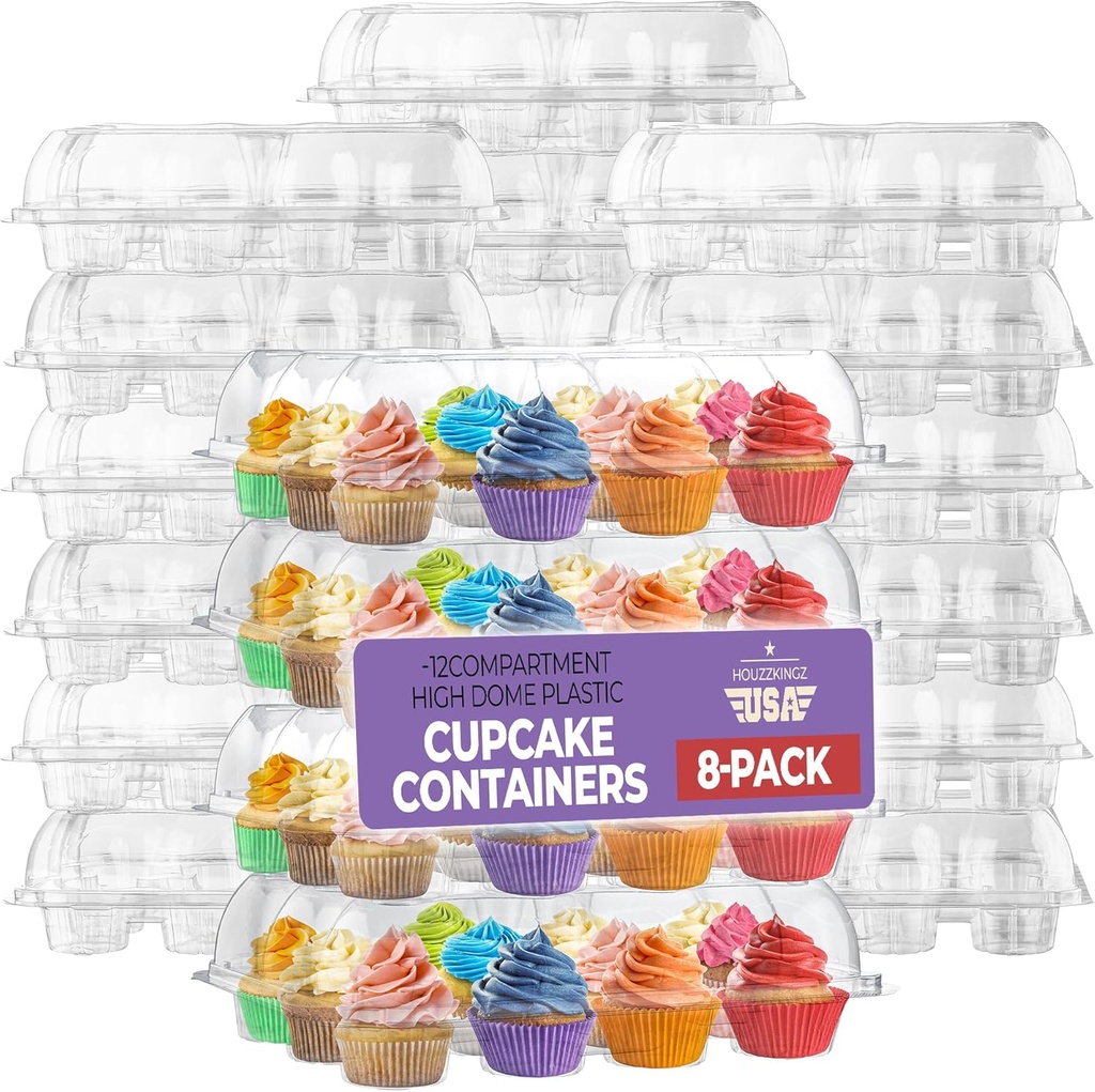 Plastic Cupcake Containers Boxes | 12 Compartment – 8 Pack | Disposable High Dome Dozen Cupcake Holder With Lid Bulk | Extra Sturdy Stackable Cupcake Boxes | Durable Muffin Packaging Transporter To Go