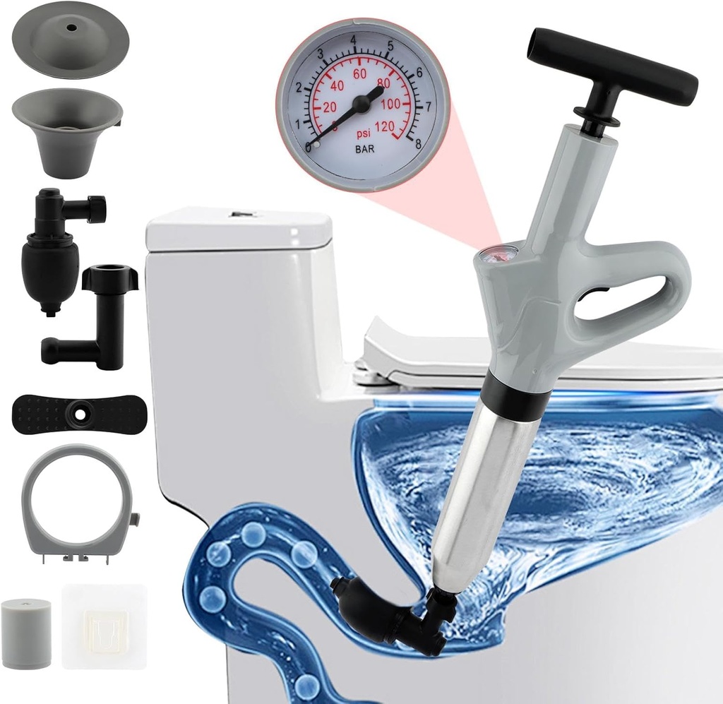 Toilet Plunger, High Pressure Air Drain Blasters with Visual Barometer, Stainless Steel Drain Clog Remover Tool, Toilet Snake Toilet Unclogger for Kitchen Sink,Toilet, Bathroom,Clogged Pipe