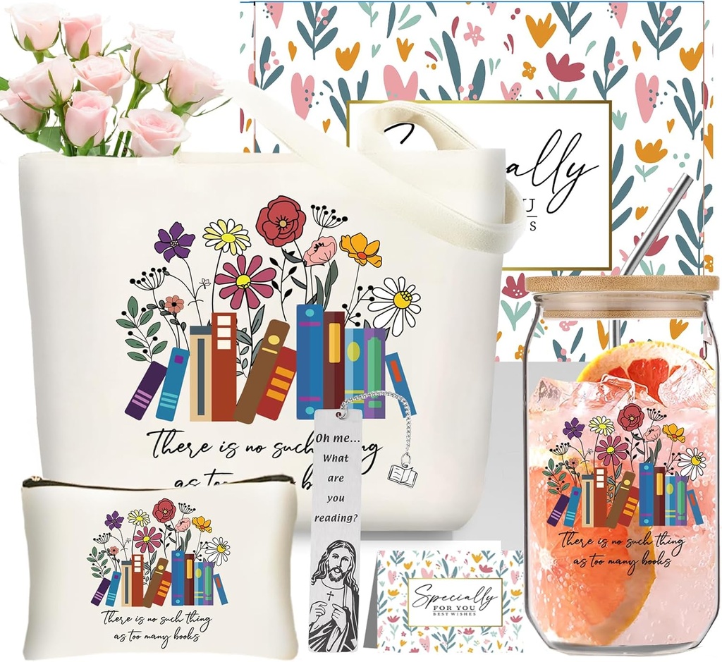 Book Lovers Gifts for Women Canvas Tote Bag for Readers Teacher Appreciation Gifts Set with 16 oz Glass Cup, Bookmark, Christmas Gifts for Mom Grandma Sister