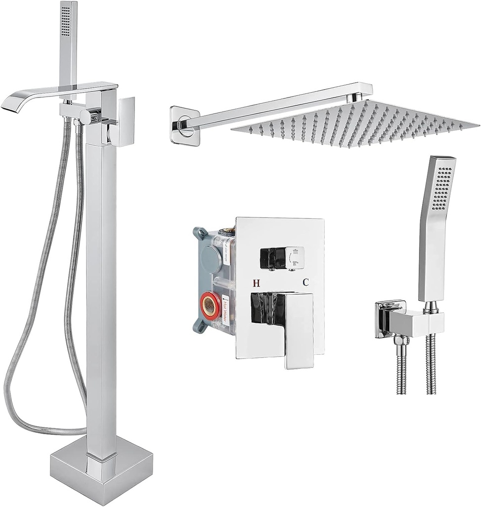 Aolemi Freestanding Bathtub Faucet Polish Chrome Waterfall Floor Mount Tub Filler Single Handle with Hand Sprayer and Swivel Spout Rain Shower System 12 Inch Shower Head Polish Chrome Shower Combo Set