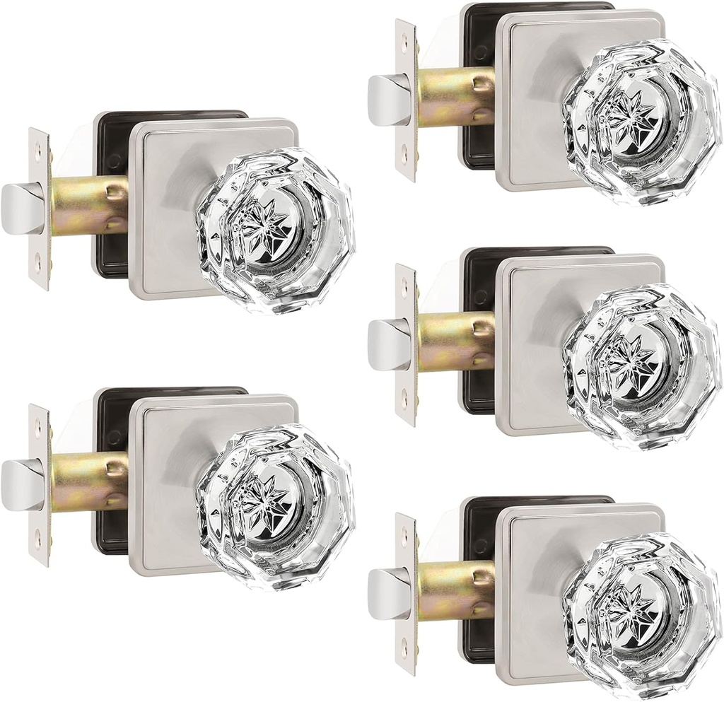 Orger Passage Hall Closet Door Knobs Interior, Clear Octagon Crystal Glass Door Knobs Brushed Nickel, Keyless Non-Locking Passage Door Knob Set with Square Back Plate, 5 Pack