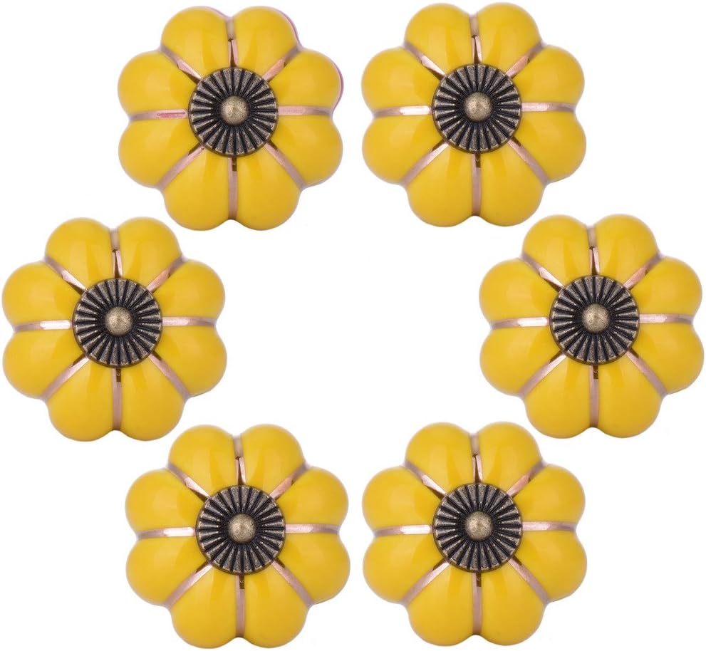 Wolfteeth Cabinet Knobs and Drawer Handles 6 Pack - 1.5 Inch Ceramic Pumpkin Design Hardware for Kitchen Dresser Furniture - Yellow Fall Decor