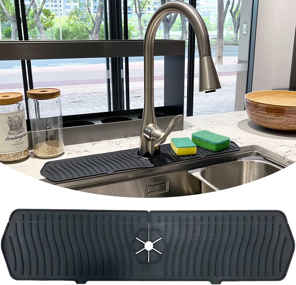 Faucet Handle Drip Catcher Silicone Lengthened Mat, 24'' Splash Guard, Sink Guard for Kitchen Drying Mat Soap Sponge Accessories Tray Bathroom Bar Protection Black