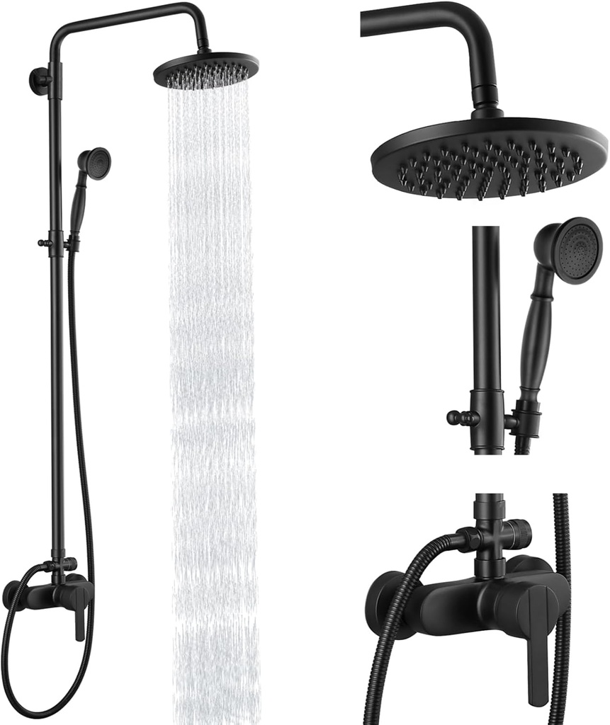 Heyalan Matte Black Exposed Pipe Shower System 8 Inch Rainfall Shower Head Brass Fixture Combo Set Single Handle Handheld Sprayer Bathroom Shower Faucet Dual Functions