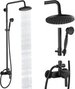 Heyalan Matte Black Exposed Pipe Shower System 8 Inch Rainfall Shower Head Brass Fixture Combo Set Single Handle Handheld Sprayer Bathroom Shower Faucet Dual Functions