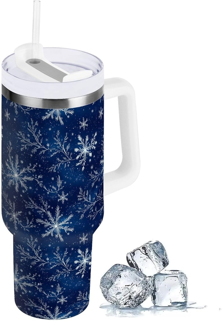 Winter Xmas Elks Snowflake Tumbler with Handle 40 oz Travel Mug with Lid and Straw Stainless Steel Vacuum Insulated Water Bottle Cup for Iced Tea Coffee Cold Beverages Cup Holder Friendly