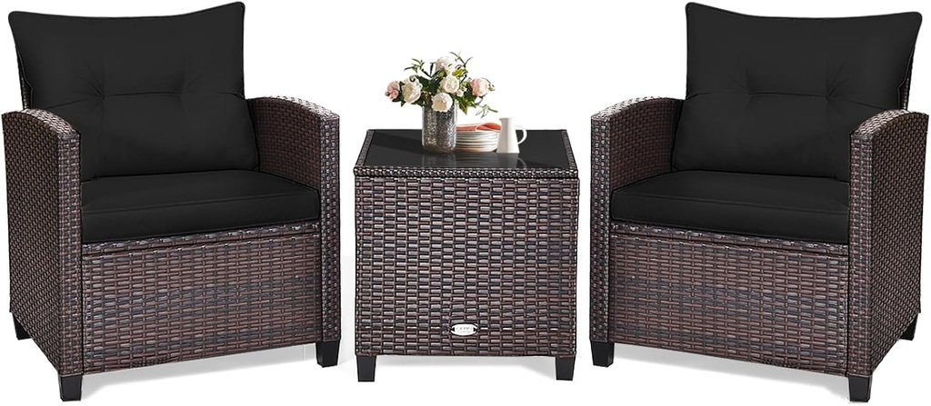 KOTEK 3 Piece Patio Furniture Set, Outdoor Conversation Set with Washable Cushions & Tempered Glass Tabletop, PE Rattan Wicker Bistro Set for Porch, Garden, Balcony (Black)