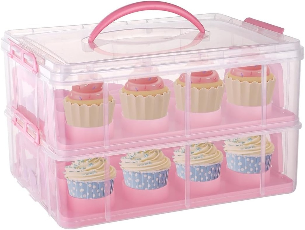 Cupcake Storage Container, Cupcake Carrier Portable With Handle, 2-Tier For 24 Cupcakes, Cupcake Holder With Lid & Snaps, Stackable Cupcake Box Plastic Transparent