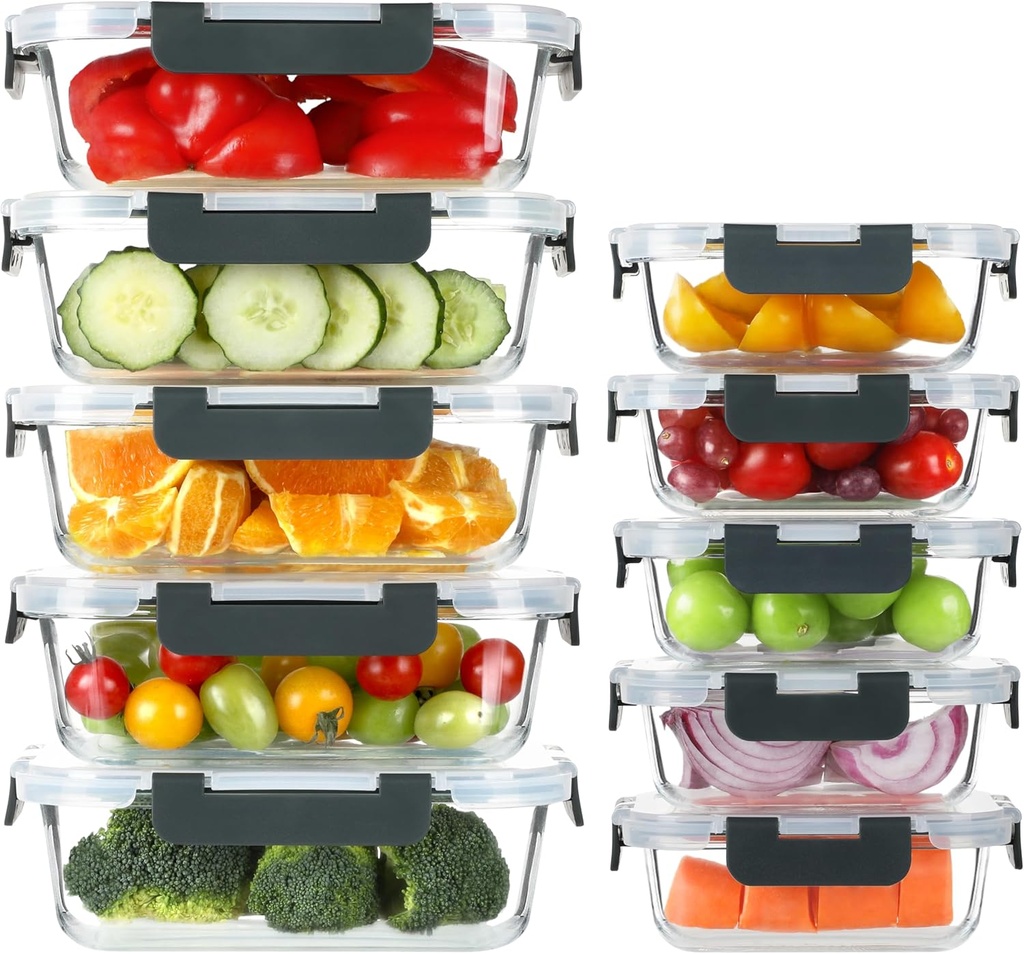 BAYZZ 10 Pack Glass Meal Prep Containers, Glass Food Storage Containers with Lids, Airtight Lunch Box, Freezer,Oven,Microwave and Dishwasher Safe